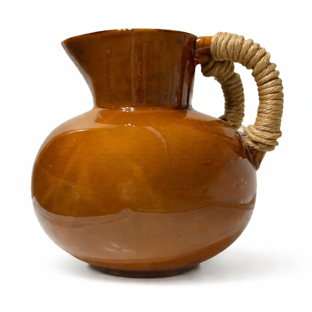 Vintage Z Gallerie Vase‎ Sedona Rust Brown Glaze Ceramic Pitcher Woven Hande
